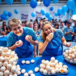 A vibrant scene depicting a two-person egg eating contest, where both contestants are enthusiastically consuming eggs