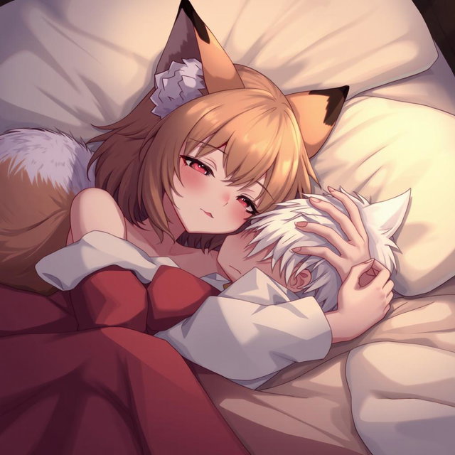 A beautiful girl with fox-like features lounging on a bed, her striking ears and a bushy tail subtly visible, creating an enchanting blend of human and fox traits