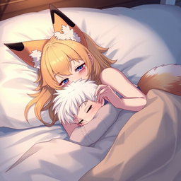 A beautiful girl with fox-like features lounging on a bed, her striking ears and a bushy tail subtly visible, creating an enchanting blend of human and fox traits