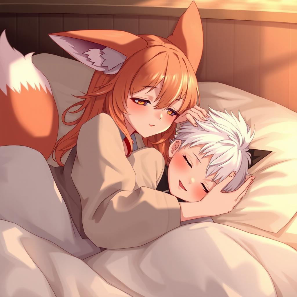 A beautiful girl with fox-like characteristics reclining on a bed, featuring charming fox ears and a graceful tail, embodying both human and fox traits