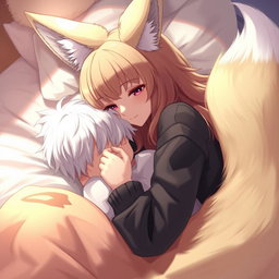 A beautiful girl with fox-like features reclining on a bed, showcasing her enchanting fox ears and a fluffy tail, seamlessly blending human and fox traits