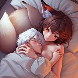 A beautiful girl with fox-like features reclining on a bed, showcasing her enchanting fox ears and a fluffy tail, seamlessly blending human and fox traits