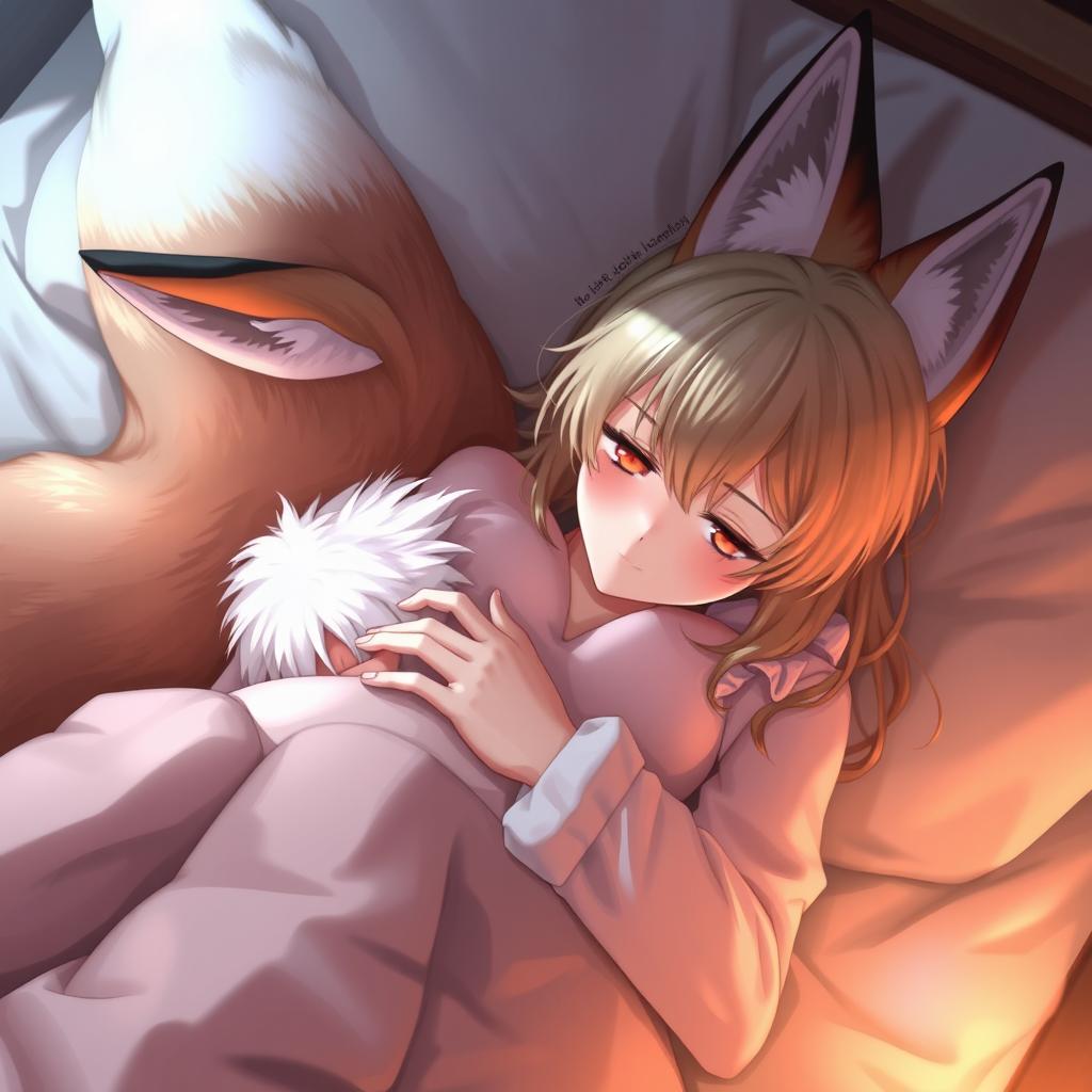 A beautiful girl with fox-like features reclining on a bed, showcasing her enchanting fox ears and a fluffy tail, seamlessly blending human and fox traits