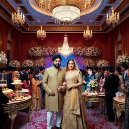 A lavish wedding scene featuring Mohammad and Mehri Irani, elegantly dressed in traditional attire, standing together in a beautifully decorated luxurious hall