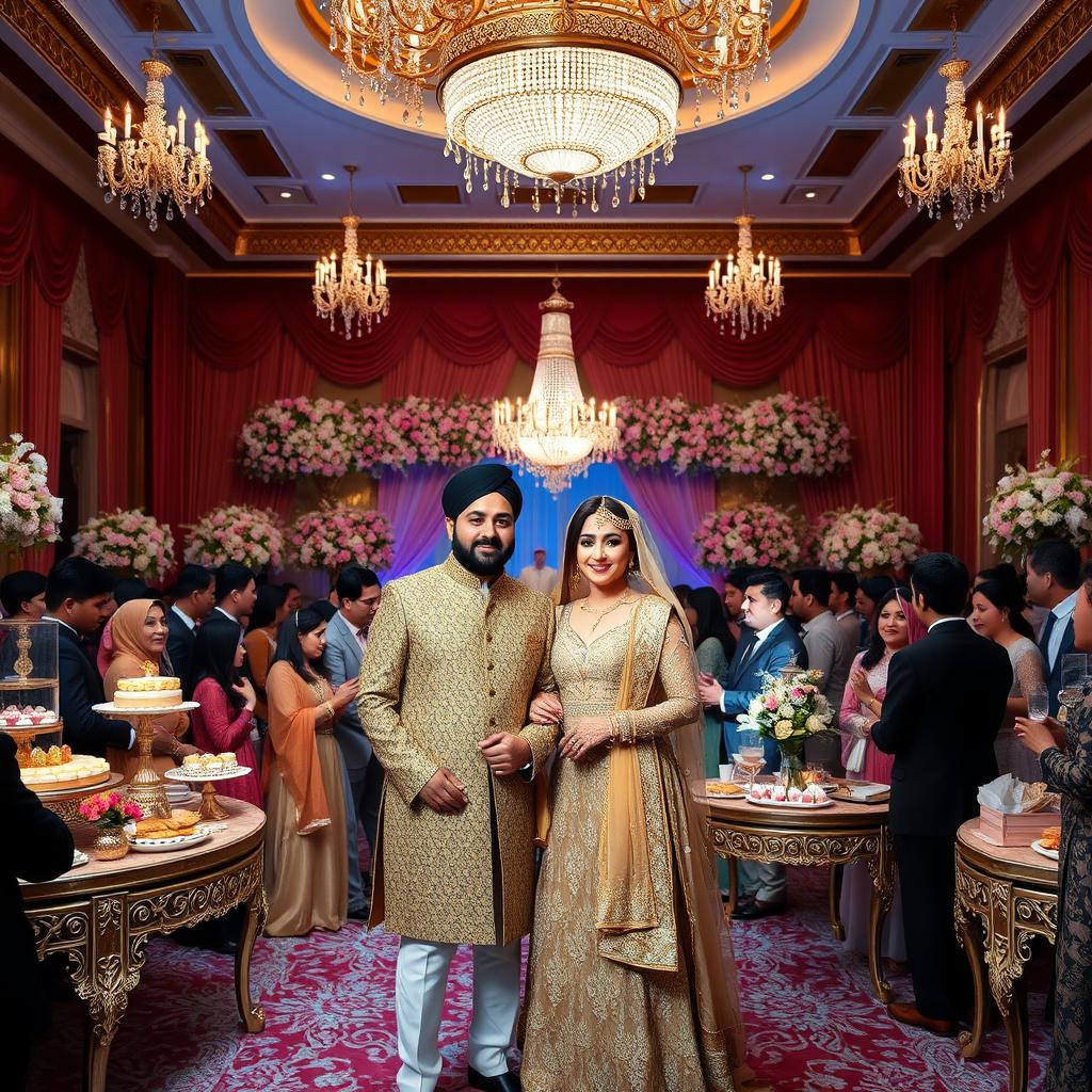 A lavish wedding scene featuring Mohammad and Mehri Irani, elegantly dressed in traditional attire, standing together in a beautifully decorated luxurious hall