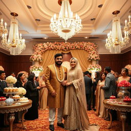 A lavish wedding scene featuring Mohammad and Mehri Irani, elegantly dressed in traditional attire, standing together in a beautifully decorated luxurious hall