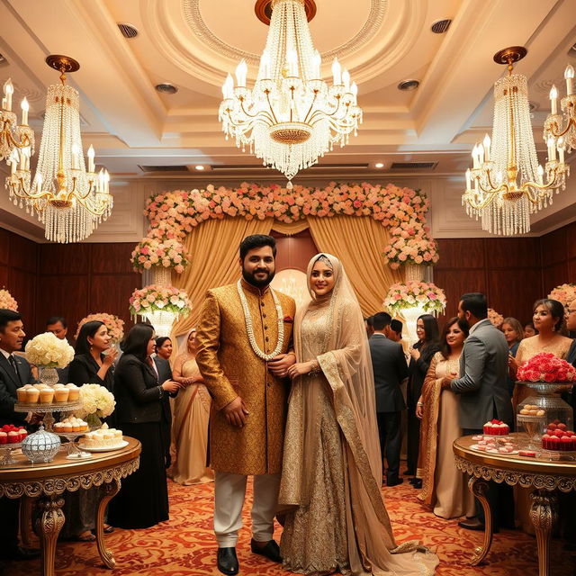 A lavish wedding scene featuring Mohammad and Mehri Irani, elegantly dressed in traditional attire, standing together in a beautifully decorated luxurious hall