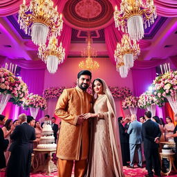 A lavish wedding scene featuring Mohammad and Mehri Irani, elegantly dressed in traditional attire, standing together in a beautifully decorated luxurious hall