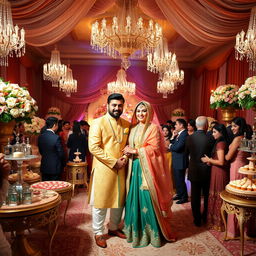 A lavish wedding scene featuring Mohammad and Mehri Irani, elegantly dressed in traditional attire, standing together in a beautifully decorated luxurious hall