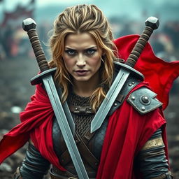 A rugged woman warrior with dark blonde hair, draped in a flowing red cloak that emphasizes her fierce presence