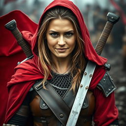A rugged woman warrior with dark blonde hair, draped in a flowing red cloak that emphasizes her fierce presence