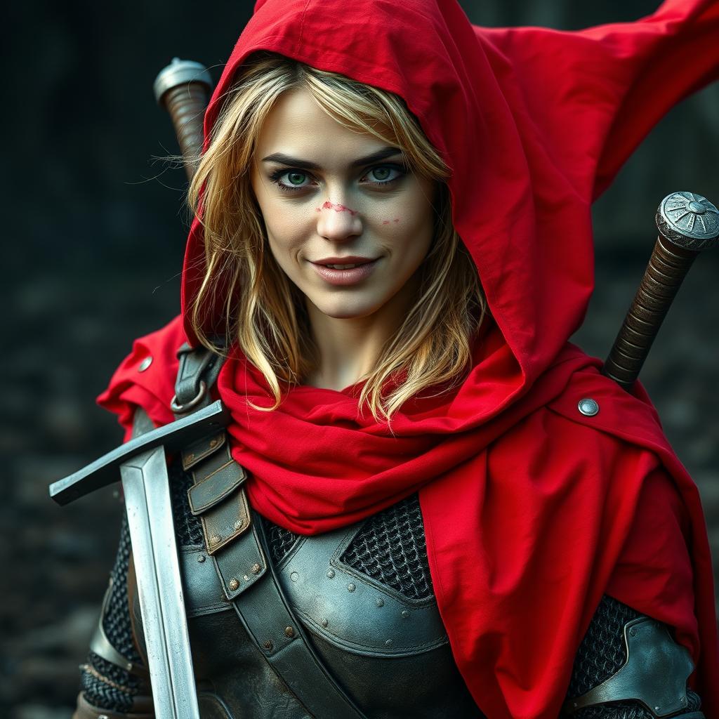 A rugged woman warrior with dark blonde hair, draped in a flowing red cloak that emphasizes her fierce presence
