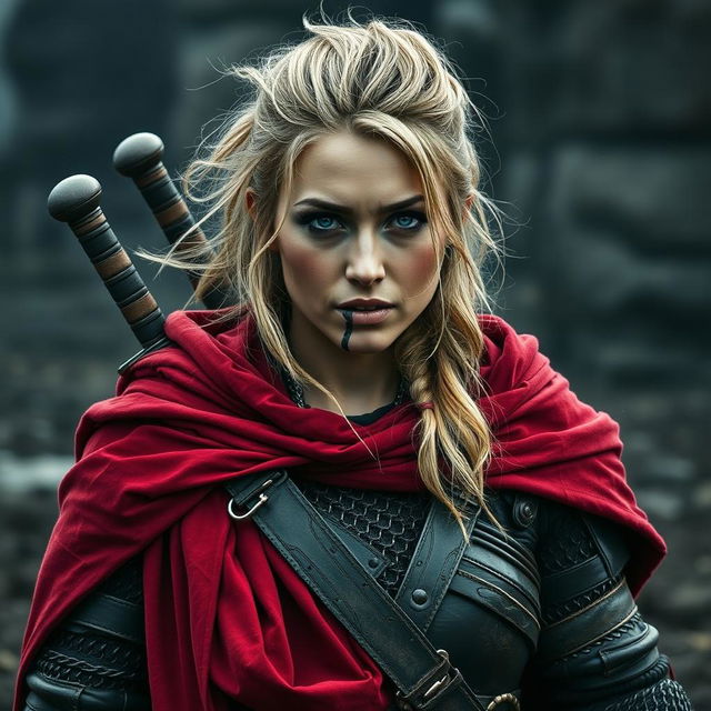 A rugged woman warrior with dark blonde hair, draped in a flowing red cloak that emphasizes her fierce presence