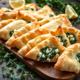 A beautifully arranged platter of authentic Spanakopita, featuring golden-brown, flaky phyllo pastry that is perfectly crispy