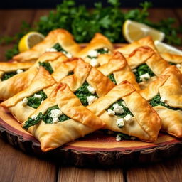 A beautifully arranged platter of authentic Spanakopita, featuring golden-brown, flaky phyllo pastry that is perfectly crispy