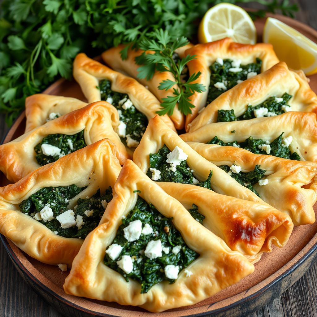 A beautifully arranged platter of authentic Spanakopita, featuring golden-brown, flaky phyllo pastry that is perfectly crispy