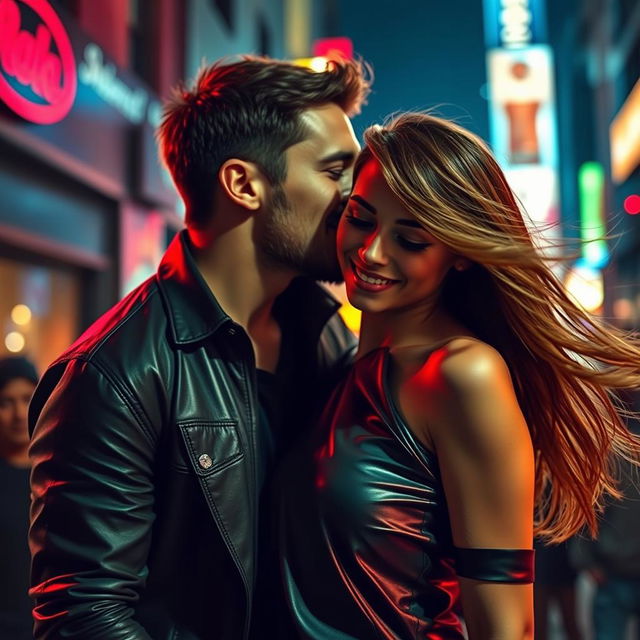A passionate scene depicting a man kissing a girl, who is stylishly dressed in a sleek leather t-shirt