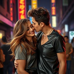 A passionate scene depicting a man kissing a girl, who is stylishly dressed in a sleek leather t-shirt