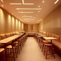 Interior design of a 10m x 10m coffee shop with a customer seating hall, featuring light-toned background, cozy seating, and warm lighting.