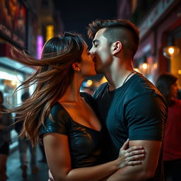 A passionate scene depicting a man kissing a girl, who is stylishly dressed in a sleek leather t-shirt