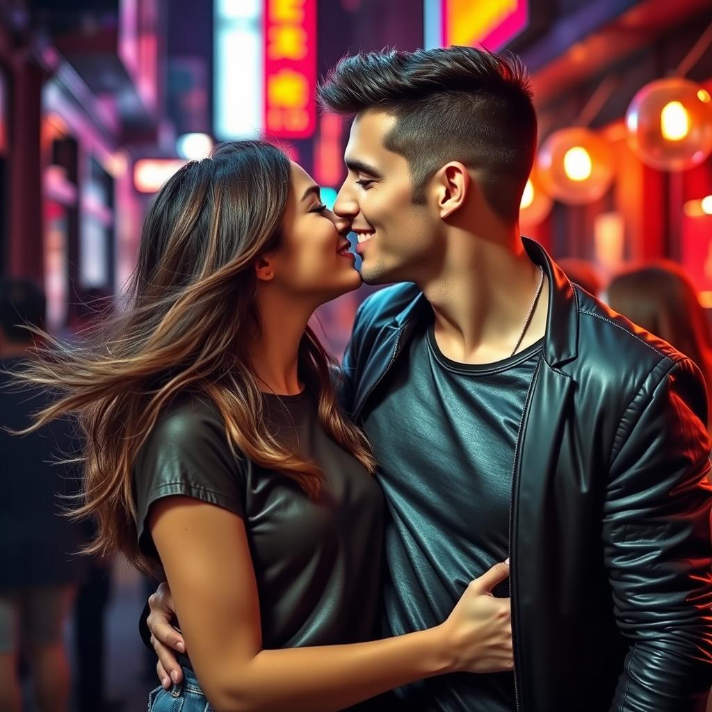 A passionate scene depicting a man kissing a girl, who is stylishly dressed in a sleek leather t-shirt