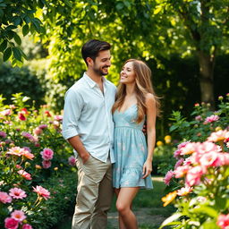 A man and a woman standing together in a lush garden, surrounded by blooming flowers and vibrant greenery