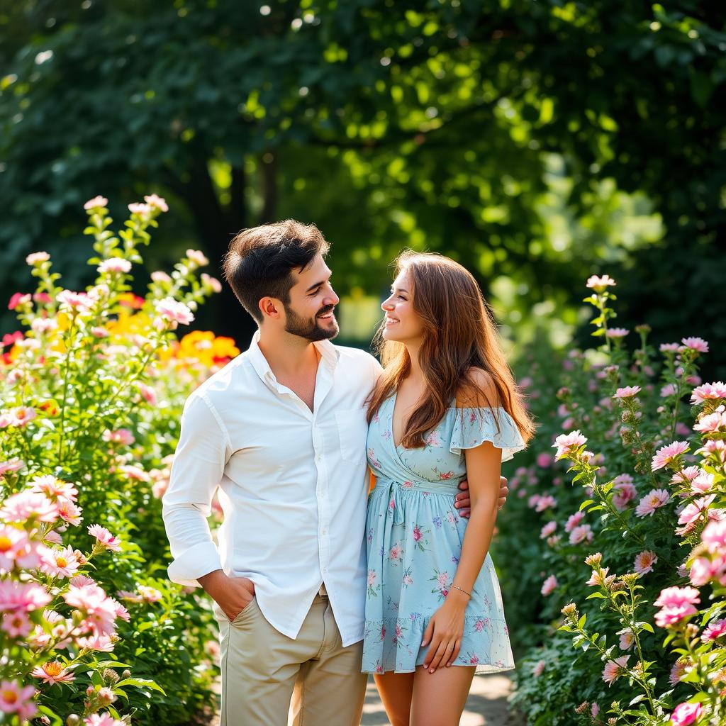 A man and a woman standing together in a lush garden, surrounded by blooming flowers and vibrant greenery