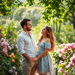 A man and a woman standing together in a lush garden, surrounded by blooming flowers and vibrant greenery
