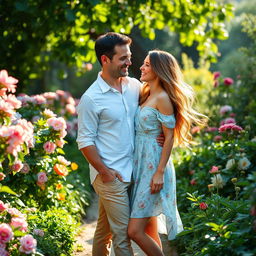 A man and a woman standing together in a lush garden, surrounded by blooming flowers and vibrant greenery