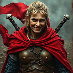 An ugly and rugged human woman warrior with dark blonde hair, wearing a dramatic red cloak that billows around her