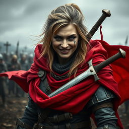 An ugly and rugged human woman warrior with dark blonde hair, wearing a dramatic red cloak that billows around her