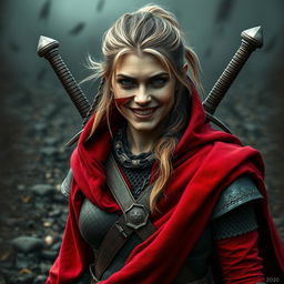 An ugly and rugged human woman warrior with dark blonde hair, wearing a dramatic red cloak that billows around her