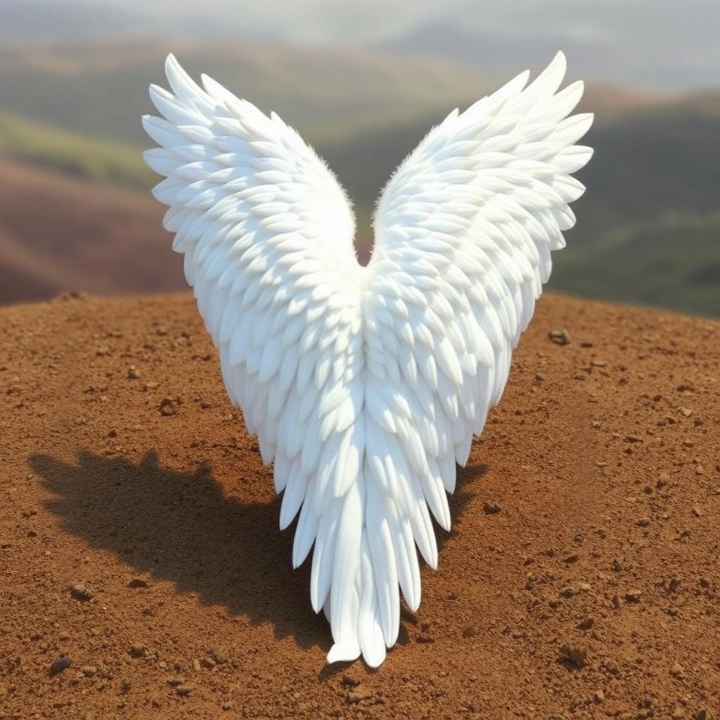 A beautiful, large, and elongated white angel wing resting on the ground, fully spread out on both sides