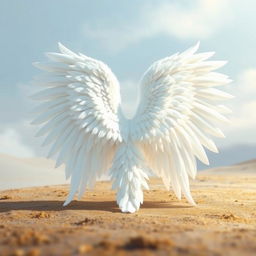 A beautiful, large, and elongated white angel wing resting on the ground, fully spread out on both sides