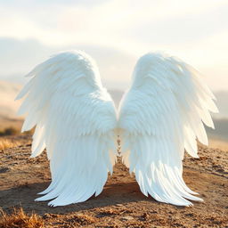 A beautiful, large, and elongated white angel wing resting on the ground, fully spread out on both sides