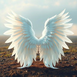 A beautiful, large, and elongated white angel wing resting on the ground, fully spread out on both sides