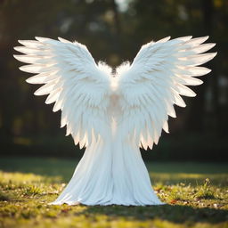 A large and elongated white angel wing spread wide open on the ground, showcasing its delicate feathers