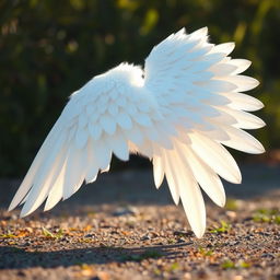 A large and elongated white angel wing spread wide open on the ground, showcasing its delicate feathers