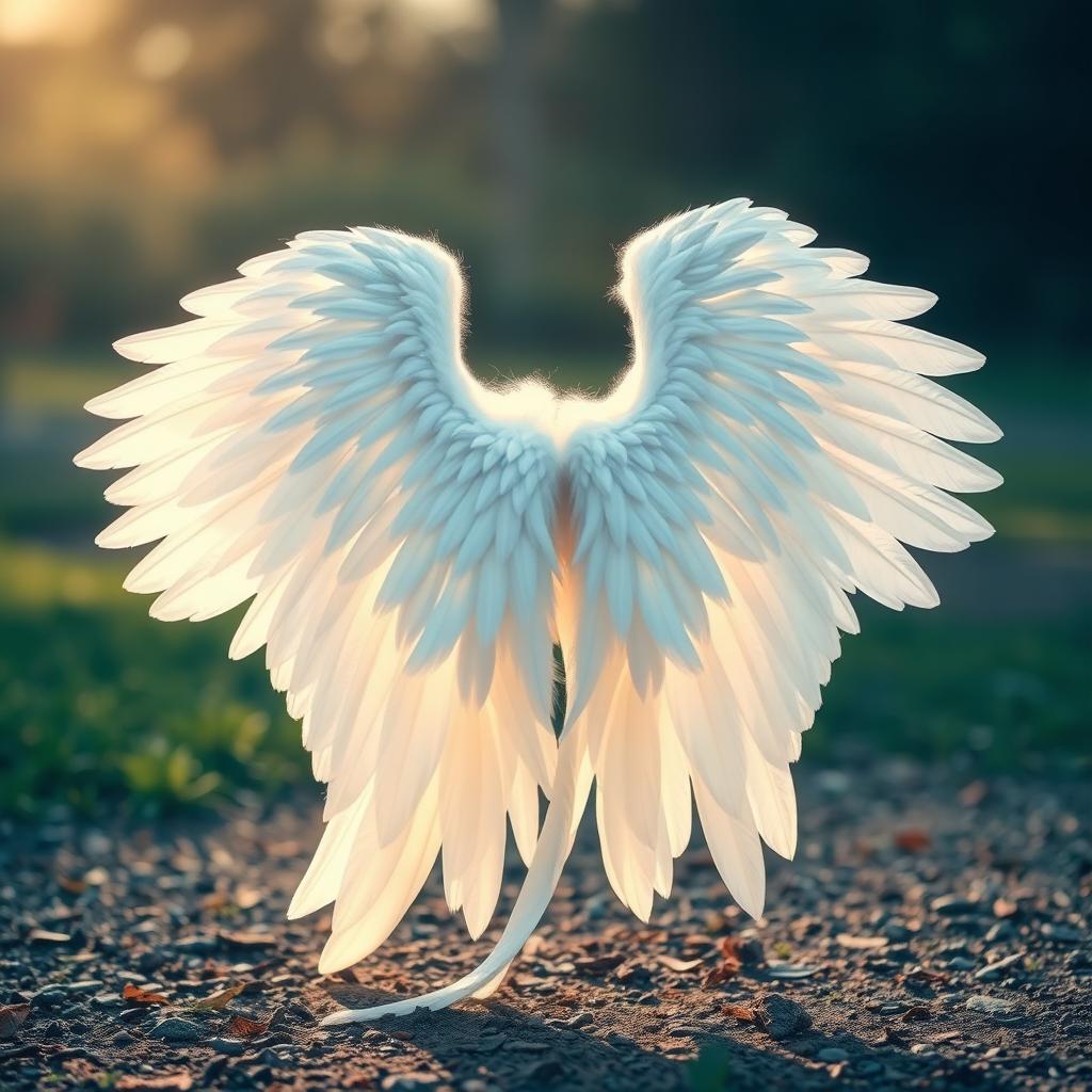 A large and elongated white angel wing spread wide open on the ground, showcasing its delicate feathers