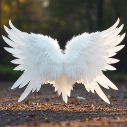 A large and elongated white angel wing spread wide open on the ground, showcasing its intricate feather details and fluffy texture
