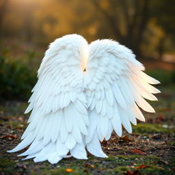 A large and elongated white angel wing spread wide open on the ground, showcasing its intricate feather details and fluffy texture