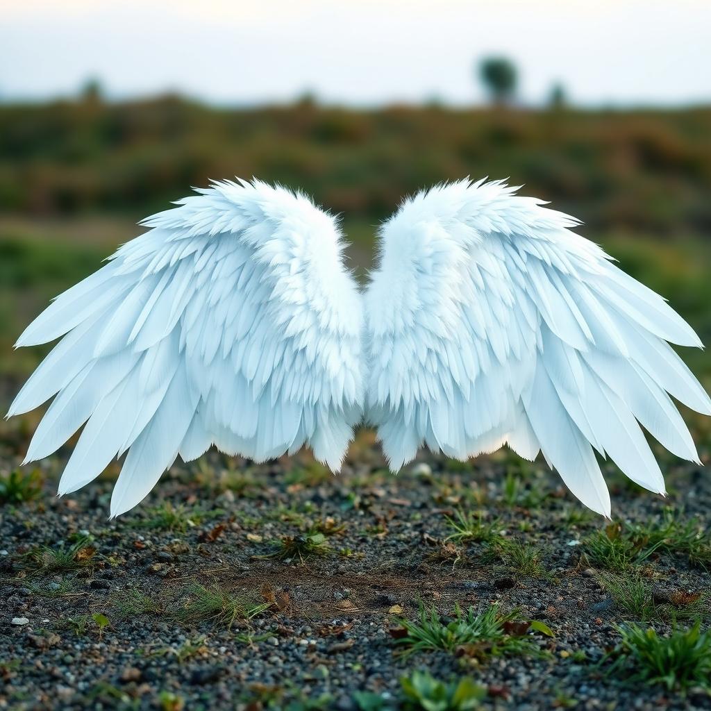 A large and elongated white angel wing spread wide open on the ground, showcasing its intricate feather details and fluffy texture