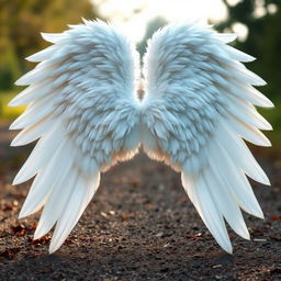 A large and elongated white angel wing spread wide open on the ground, showcasing its intricate feather details and fluffy texture