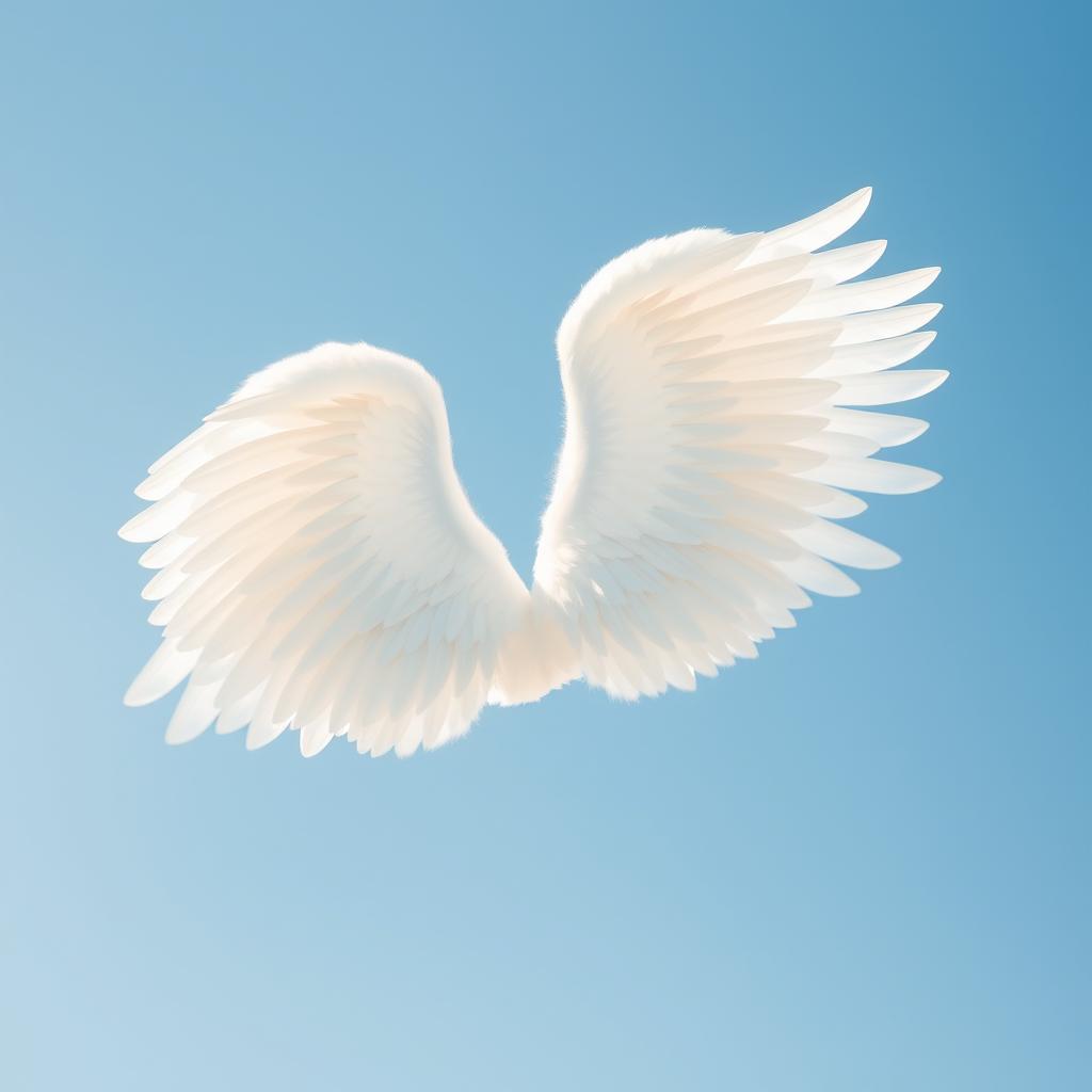 A large and elongated white angel wing stretched wide open in a clear blue sky, without any clouds