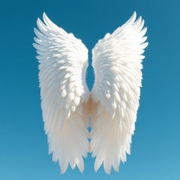 A large and elongated white angel wing stretched wide open in a clear blue sky, without any clouds
