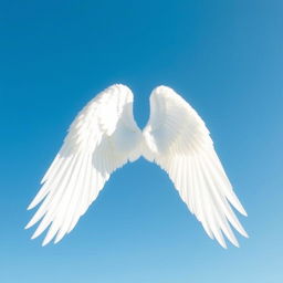 A large and elongated white angel wing stretched wide open in a clear blue sky, without any clouds