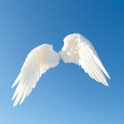 A large and elongated white angel wing stretched wide open in a clear blue sky, without any clouds