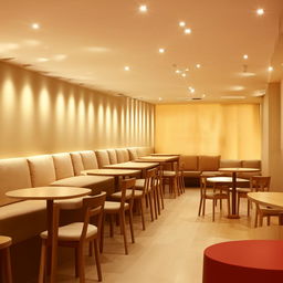 Interior design of a 10m x 10m coffee shop with a customer seating hall, featuring light-toned background, cozy seating, and warm lighting.