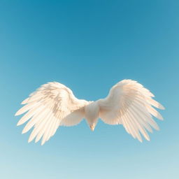 A large and elongated white wing stretched wide open in a clear blue sky, without any clouds