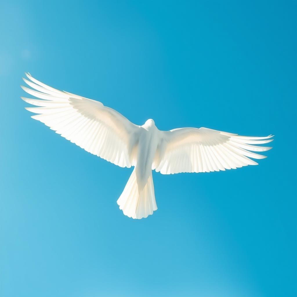 A large and elongated white wing stretched wide open in a clear blue sky, without any clouds